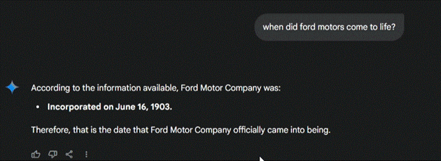 ai-generated result showing the incorporation date of ford motor company in a conversational format