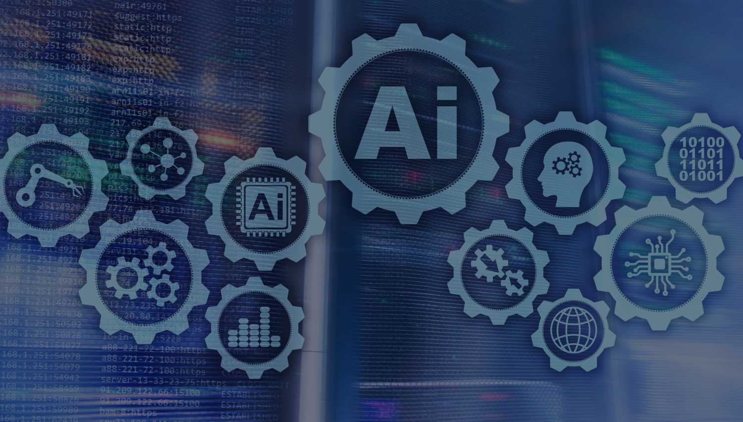 Illustration abstraite d’engrenages et de circuits d’IA représentant le rôle de l’IA générative dans les algorithmes de recherche modernes