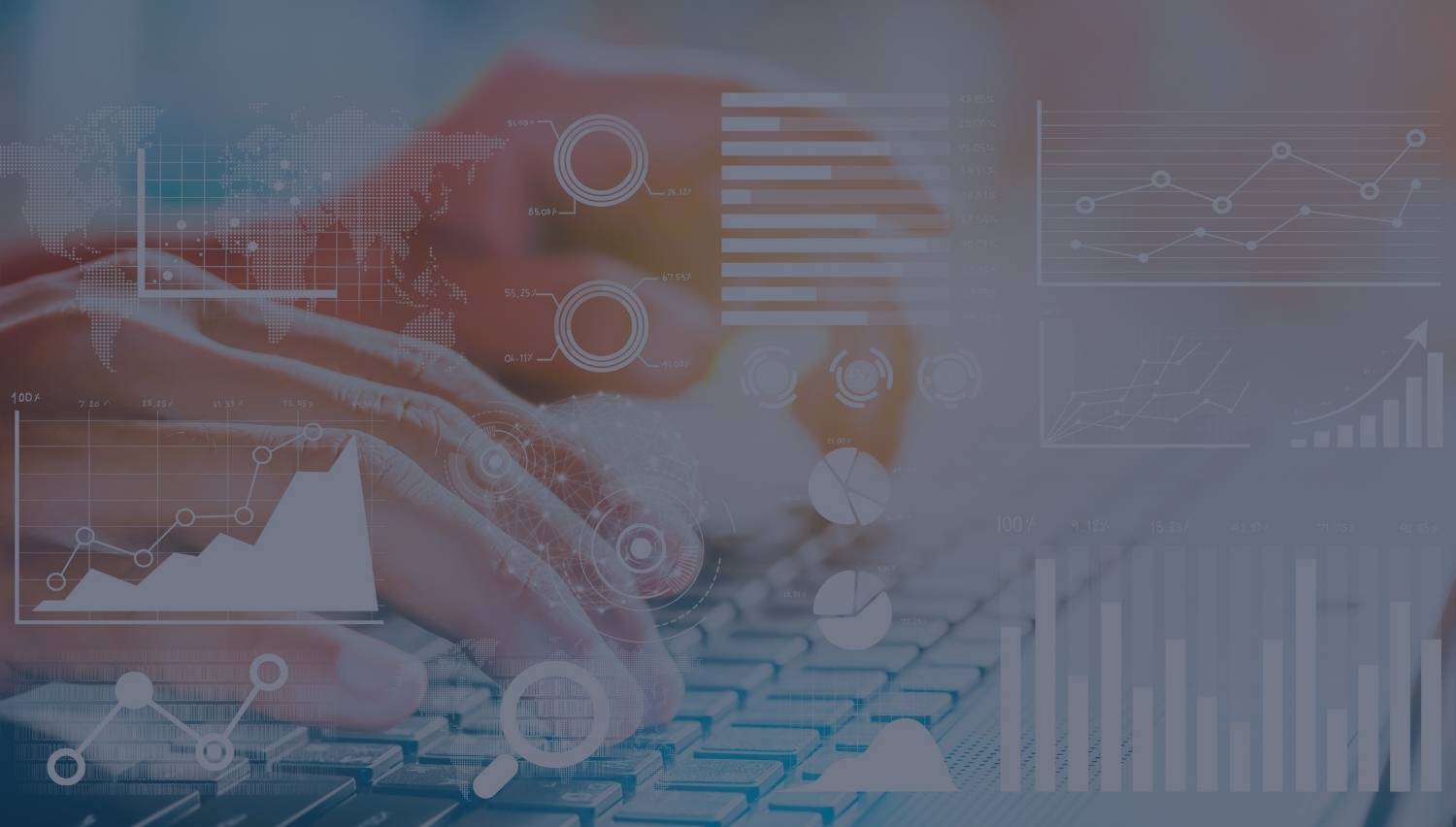 Hands on keyboard with data visualizations and SEO ranking charts overlayed