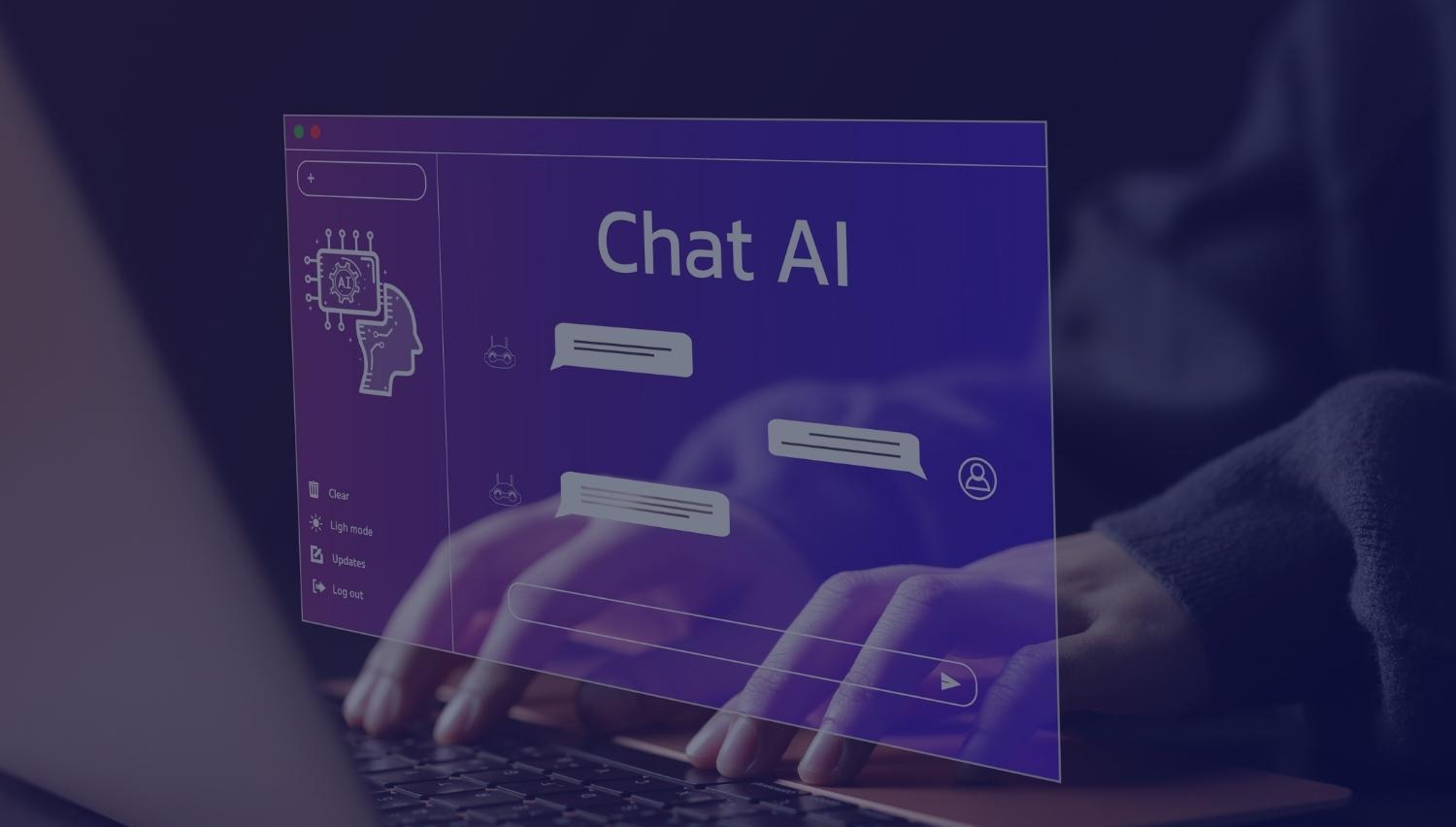 Saisie manuelle sur un ordinateur portable doté d’une interface Chat AI flottante symbolisant la visibilité de la recherche dans les environnements alimentés par l’IA.