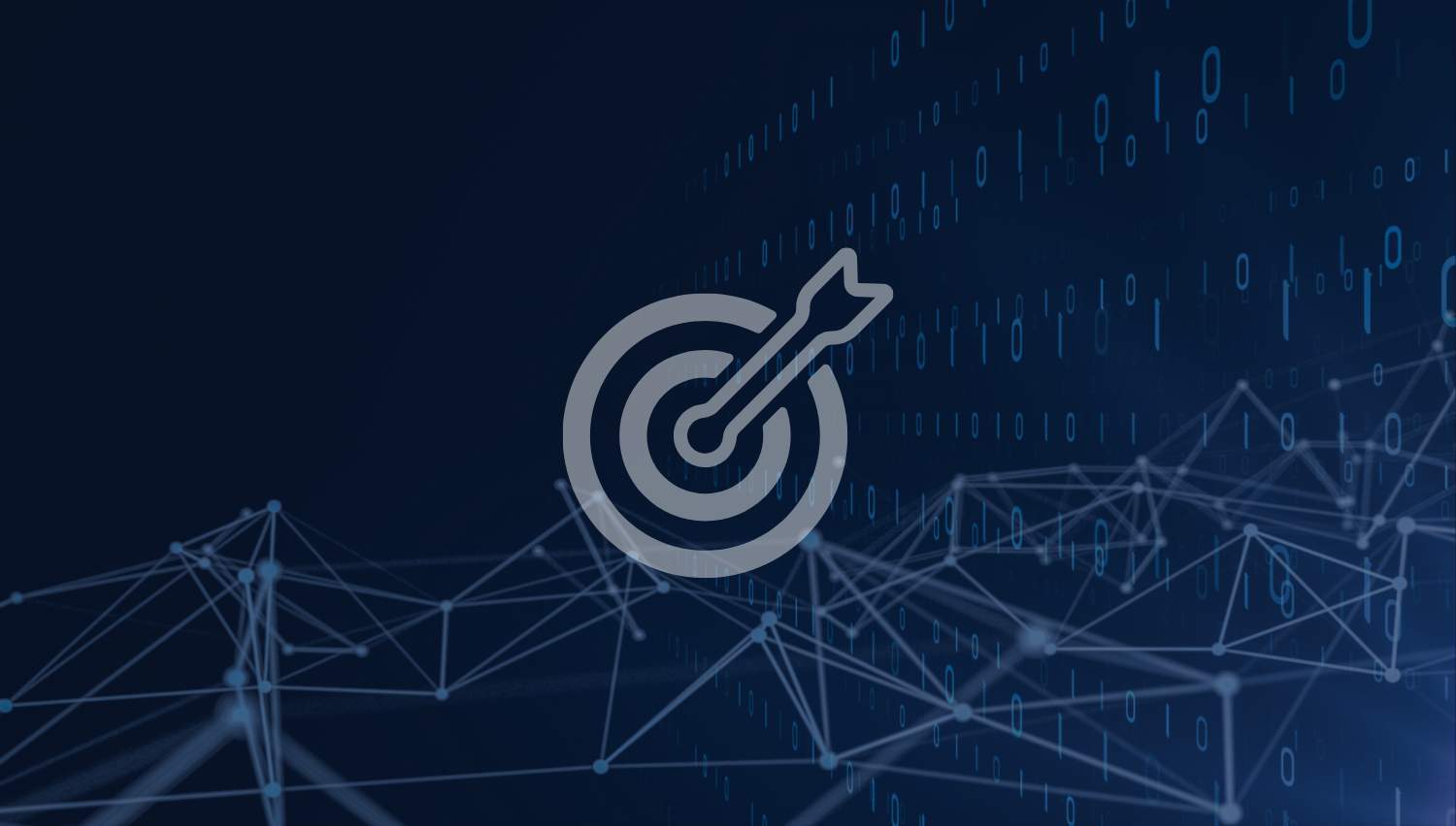 A digital target icon over a network and binary code background, symbolizing AI-driven keyword targeting.