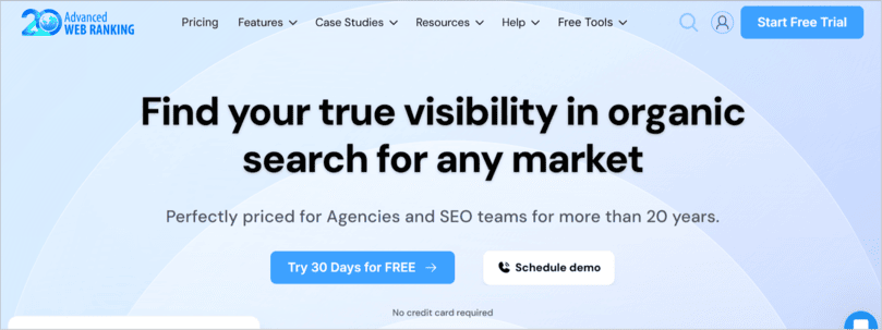 screenshot of advanced web ranking’s homepage promoting its organic search visibility tools, with features for agencies and seo teams.