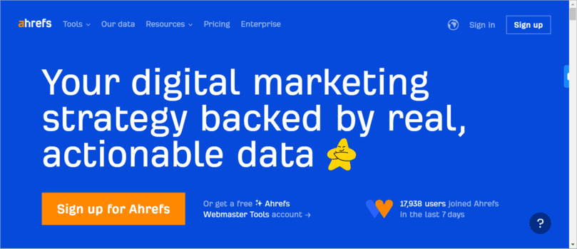 screenshot of ahrefs’ homepage promoting its data-driven digital marketing strategy tools for seo and website performance.