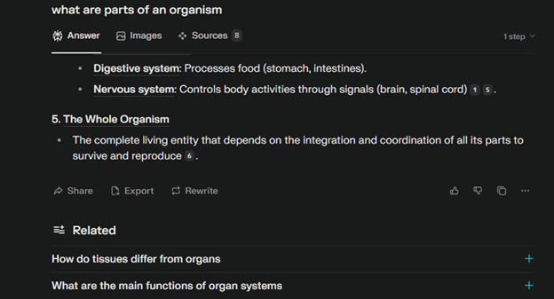 snapshot of an ai answer explaining organism parts and biological functions in a search result