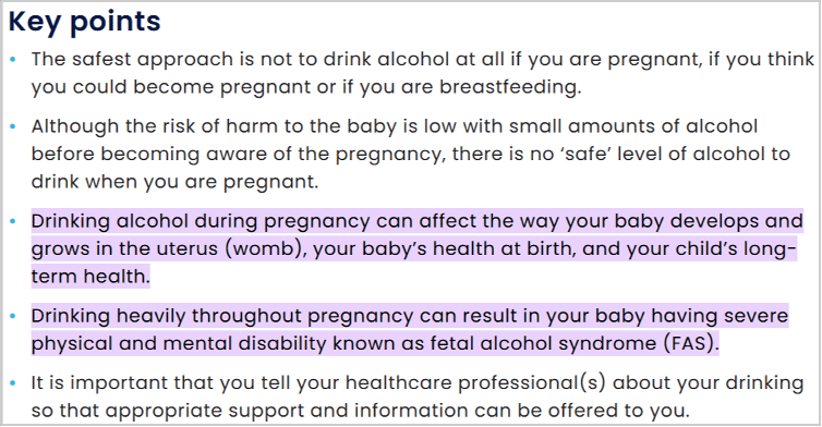 google ai overview key points on the dangers of drinking alcohol during pregnancy, including risks to the baby’s development and long-term health.