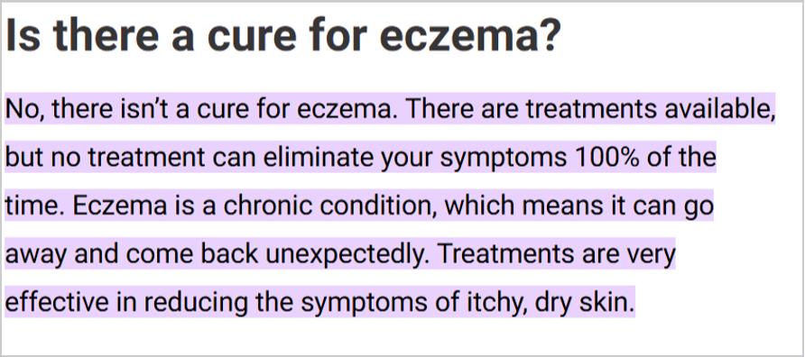 screenshot of google ai overview explaining there is no cure for eczema but highlighting treatments for symptom management.