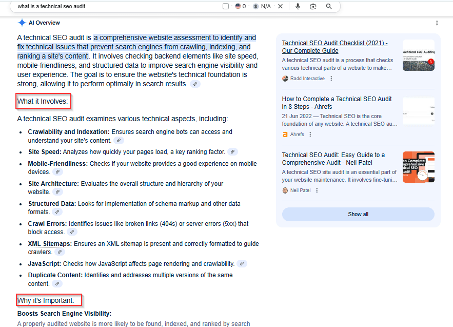 screenshot showing sub-sections in ai overviews