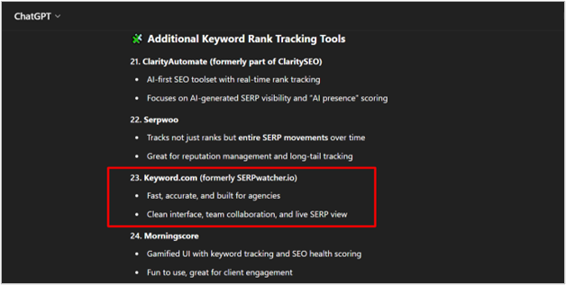 chatgpt response highlighting keyword.com as a top keyword rank tracking tool with agency features.