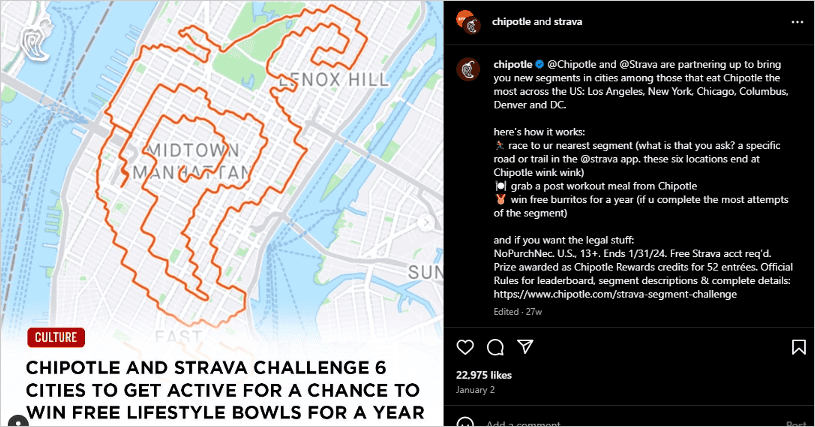 example of chipotle engaging with local communities on social media through a challenge in partnership with strava, targeting cities like new york and los angeles.
