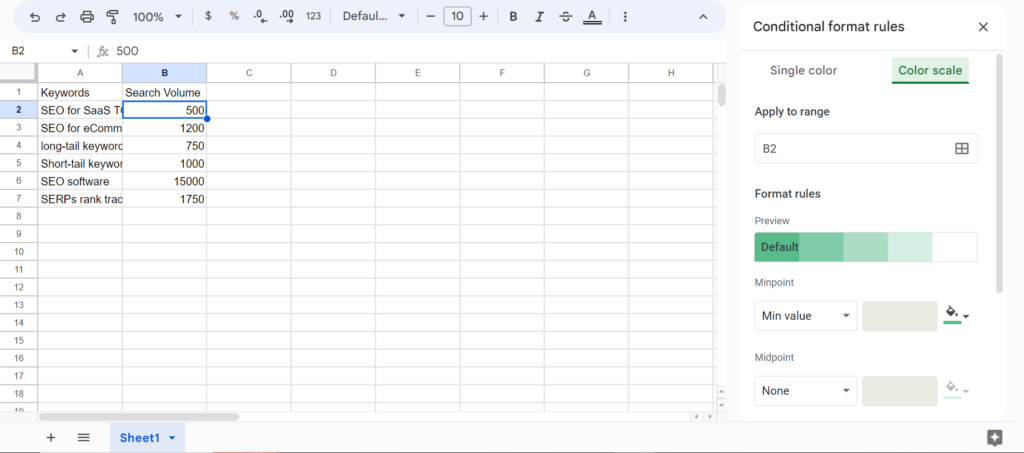 description of the conditional format rules
