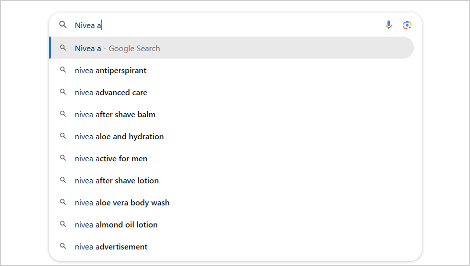 google’s autocomplete suggestions for "nivea a," showing popular branded keyword searches.
