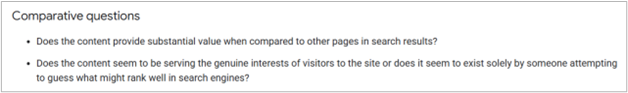 comparative questions from google to assess whether content provides unique value over other pages