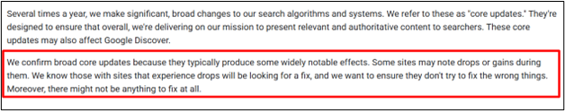 highlighted text from google explaining the purpose and impact of core updates on website rankings