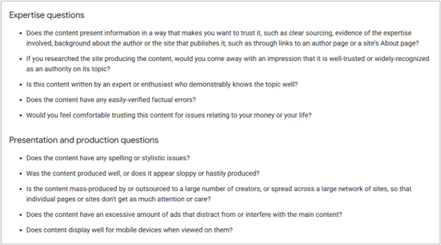 questions used by google to evaluate expertise, factual accuracy, and presentation quality of content