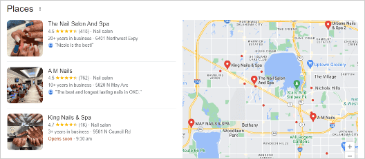 example of google's local pack showing search results for a query like 'nail salon in oklahoma,' highlighting local business profiles.
