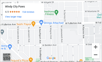example of a google map embed on windy city paws' homepage, showing the business location and directions to enhance local seo and user experience.