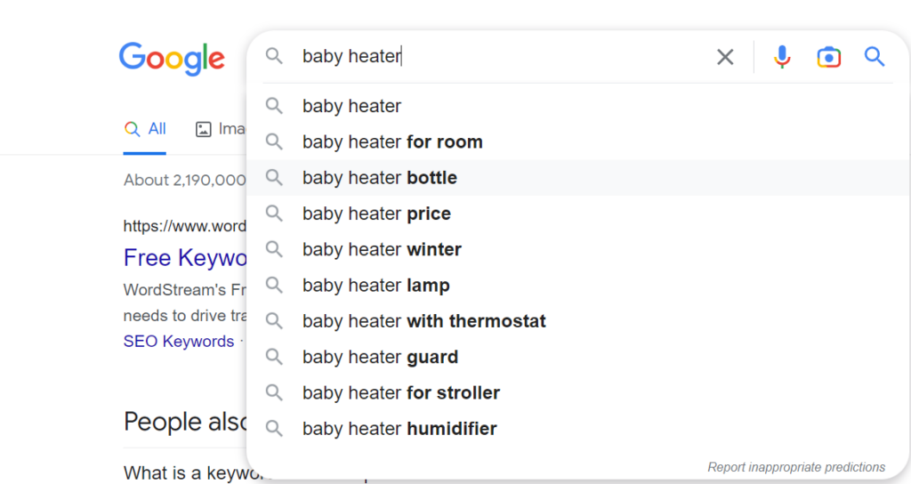 google’s autocomplete suggestions for the keyword “baby heater”