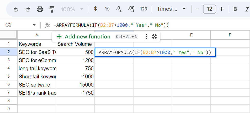 how to use the arrayformula