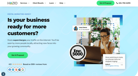 screenshot of hozio’s homepage showcasing local seo services, customer testimonials, and inc. 5000 recognition for digital growth strategies.