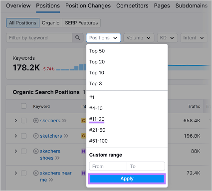 dropdown menu in an seo tool allowing users to filter keyword rankings by top 3, top 10, and custom ranges.