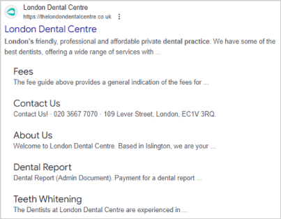 example of a dental clinic using localbusiness schema markup to achieve rich results, displaying star ratings, business hours, contact details, and website pages in serps.