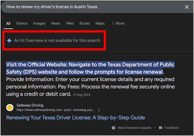 google search result for how to renew a driver’s license in austin, texas showing a message that ai overview is not available.