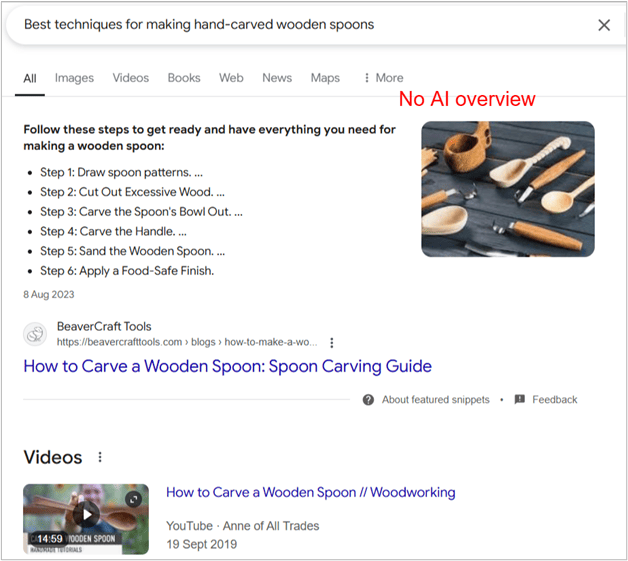 google search result for how to carve a wooden spoon showing no ai overview present.