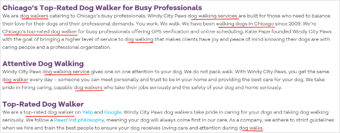 example from windy city paws' homepage showing optimized header tags and detailed body content, integrating relevant keywords and location-specific details for seo.