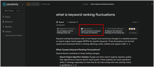 screenshot of perplexity ai listing keyword.com for keyword ranking fluctuations, showcasing llm source visibility.