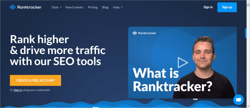screenshot of ranktracker’s homepage featuring seo tools for increasing website rankings and traffic, with a call-to-action to create a free account.
