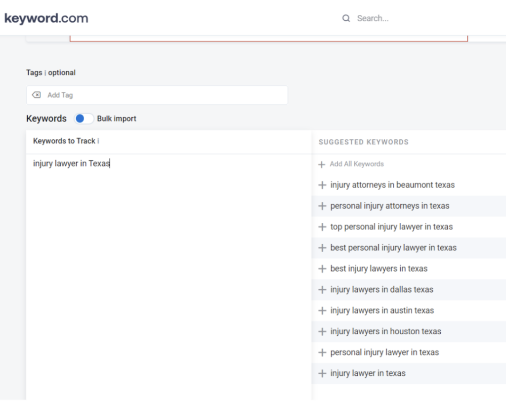 keyword.com dashboard for loading keywords