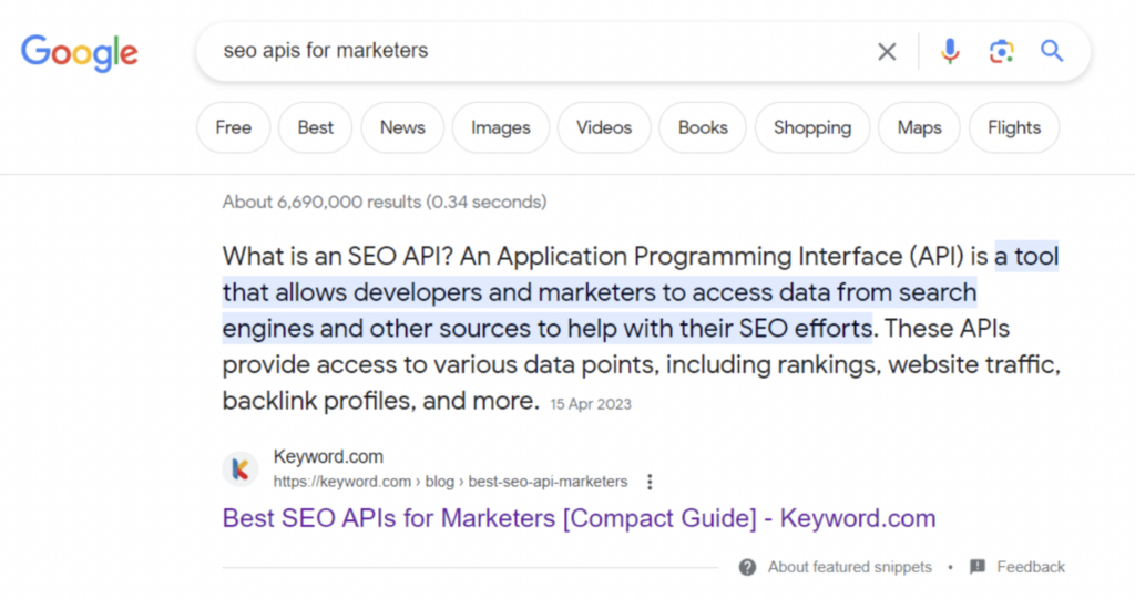featured snippet for seo apis article