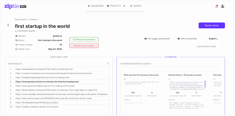 screenshot of ziptie ai tool showing traditional serp results and ai overview sources for a search query.